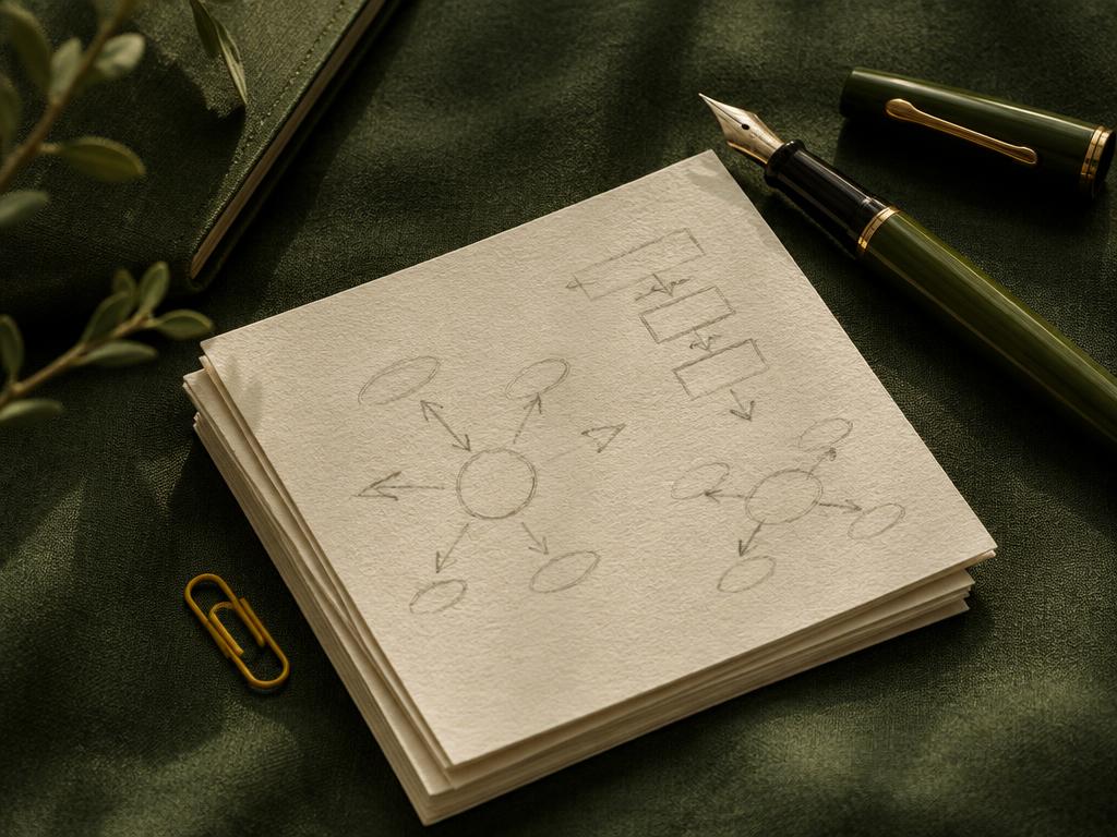 Tarjetas de papel con esquemas a lápiz junto a una pluma verde